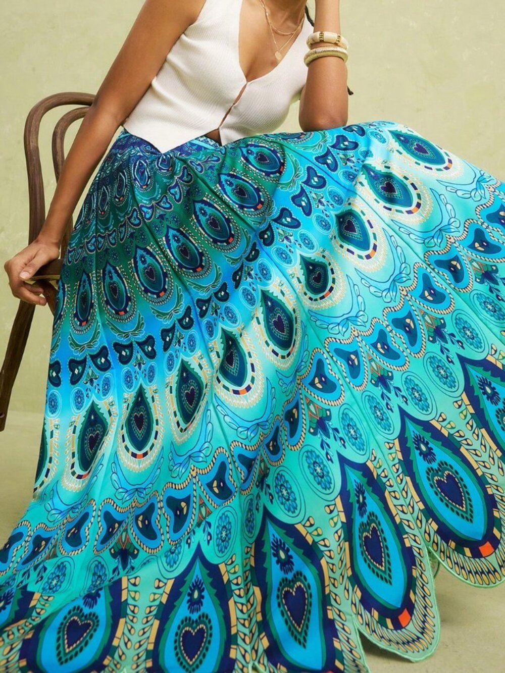 Teal Blue Boho Women's Embroidered High Waisted Flared Maxi Skirt